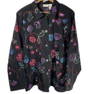 Vintage KORET Shacket Embroidered Floral Button Collared Jacket Womens L Black